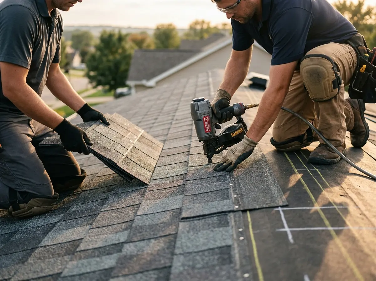 Professional roofer working on a residential roof in Douglasville